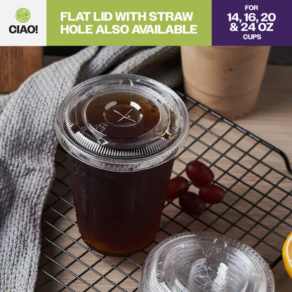 CIAO! 98MM PET Flat Lid with Straw Slot for 14OZ/16OZ/20OZ/24OZ CIAO! PET Cold Drink Cups (Case of 1,000)