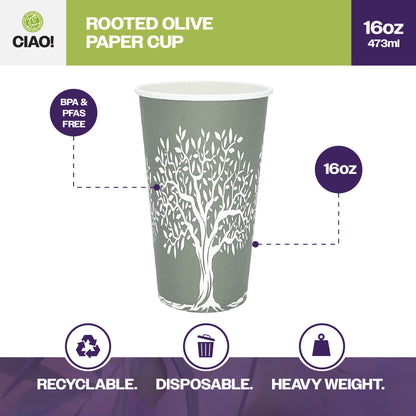 CIAO! 16 oz Hot Paper Cups – Rooted Olive Print (Case of 1,000)