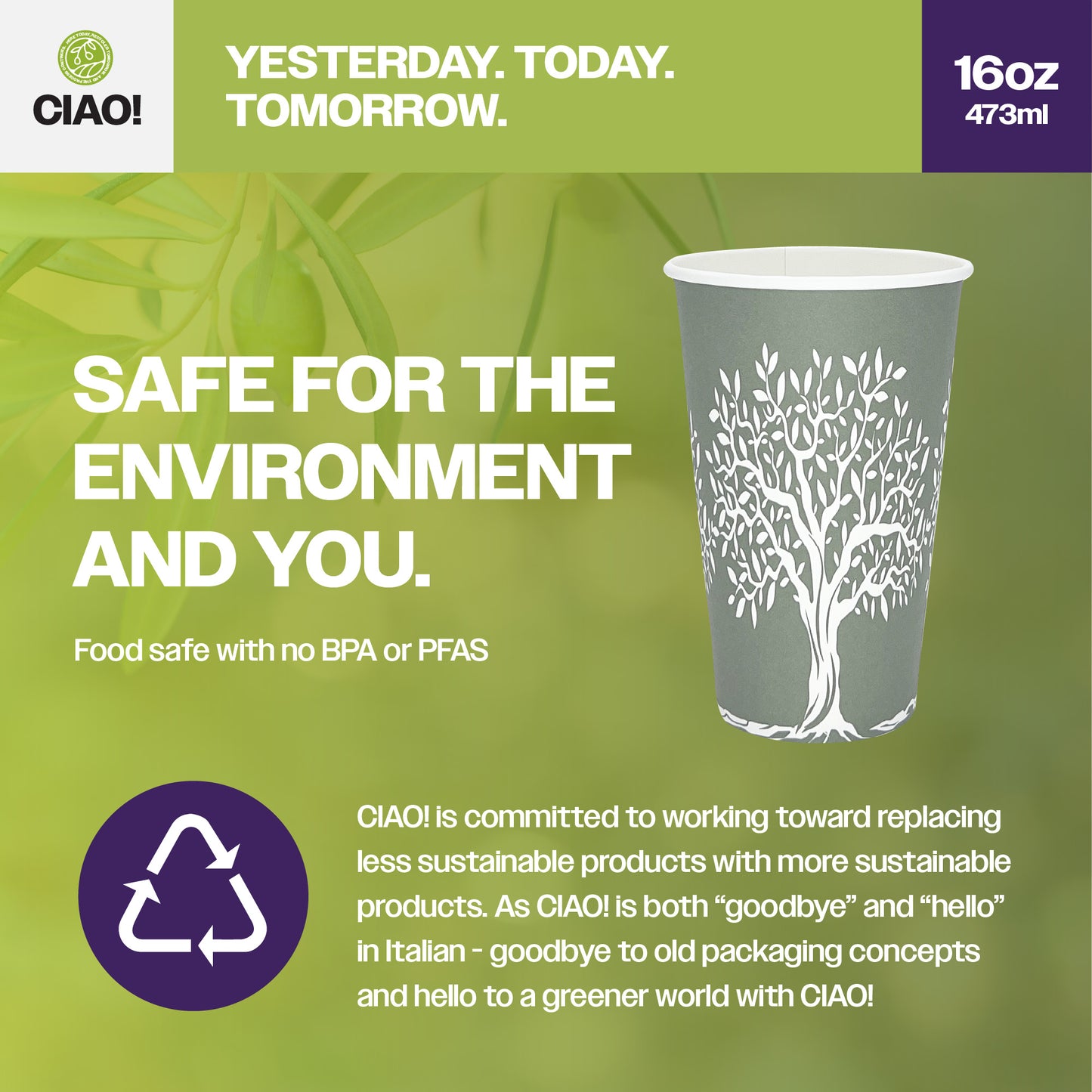 CIAO! 16 oz Hot Paper Cups – Rooted Olive Print (Case of 1,000)