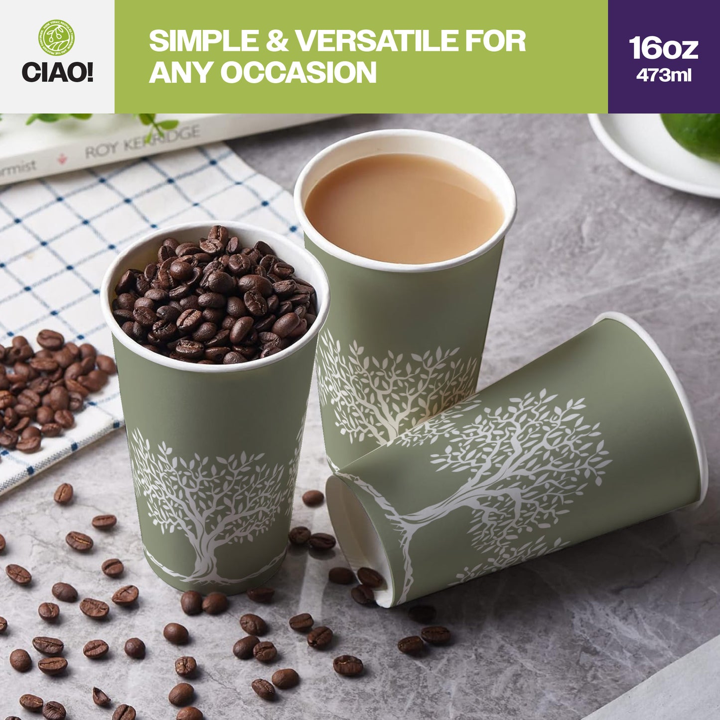 CIAO! 16 oz Hot Paper Cups – Rooted Olive Print (Case of 1,000)