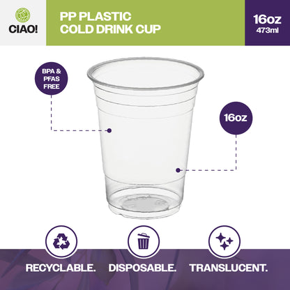 CIAO! 16OZ PP Plastic Cold Drink Cup, Great for Smoothies, Iced Coffee, Boba and Cold Drinks, 98mm (Case of 1,000)