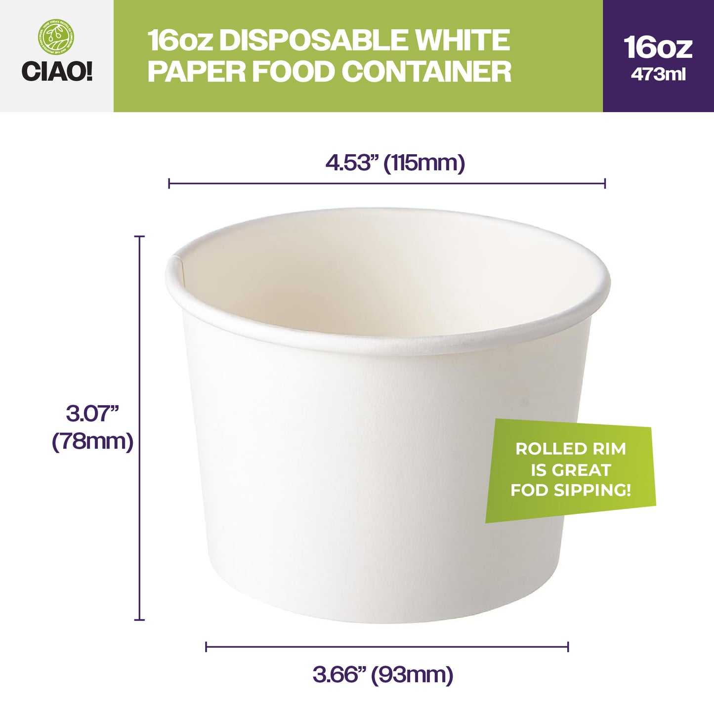 CIAO! 16OZ Disposable White Paper Food Container (500/case)