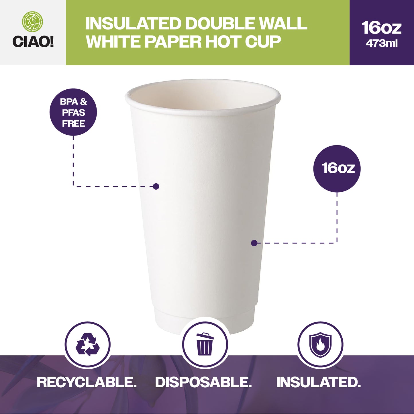 CIAO! 16 oz Insulated Double Wall Paper Hot Cup, 500 Count