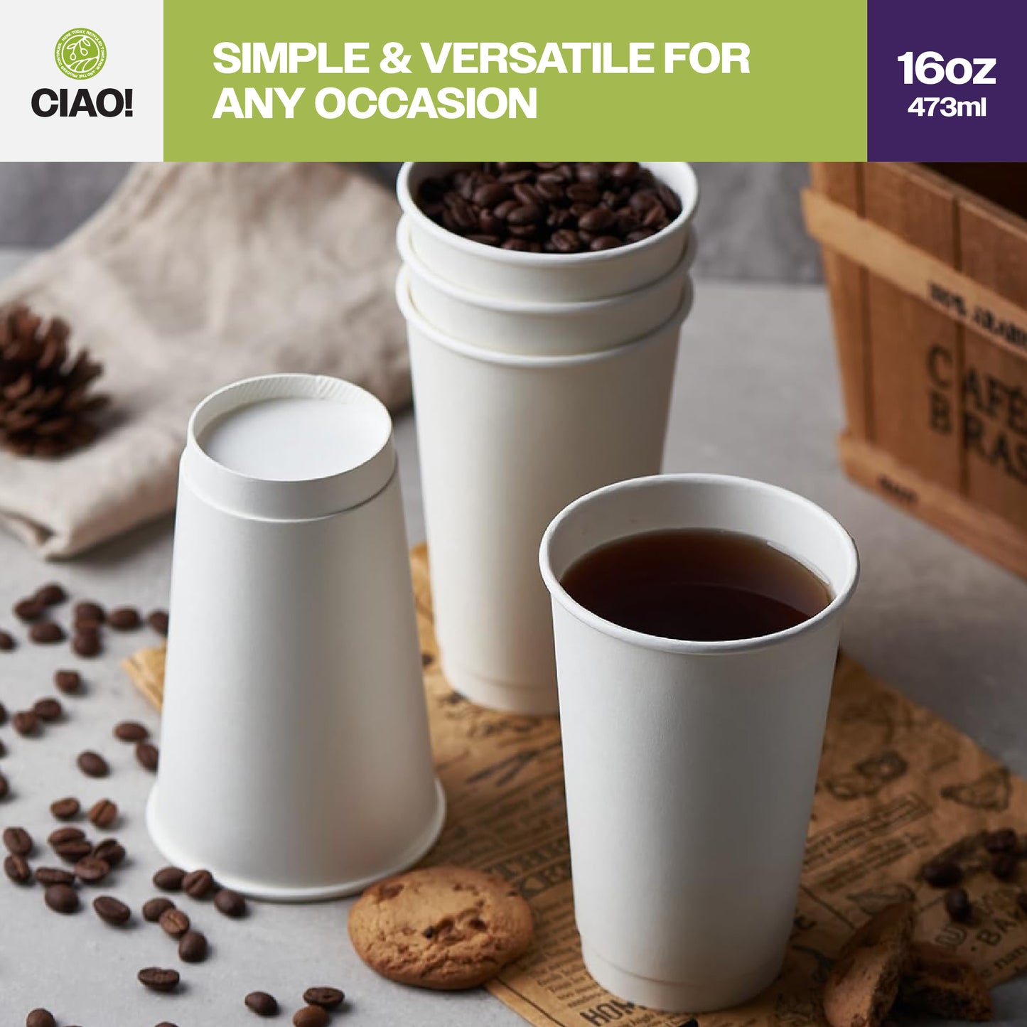 CIAO! 16 oz Insulated Double Wall Paper Hot Cup, 500 Count