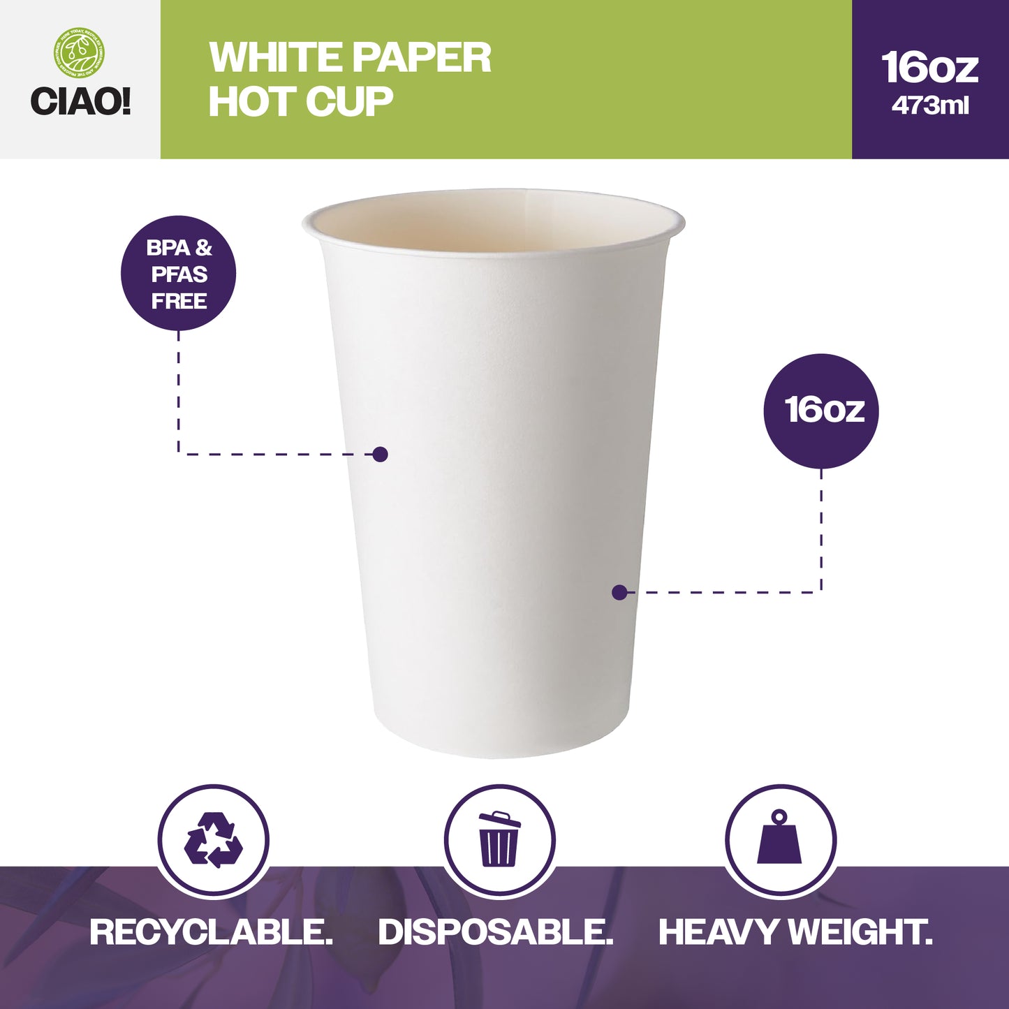 CIAO! Paper Hot Cups, 16 oz Disposable Cup, White, 1000 Count