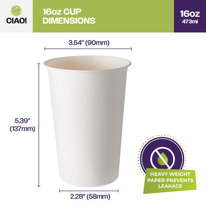 CIAO! Paper Hot Cups, 16 oz Disposable Cup, White, 1000 Count