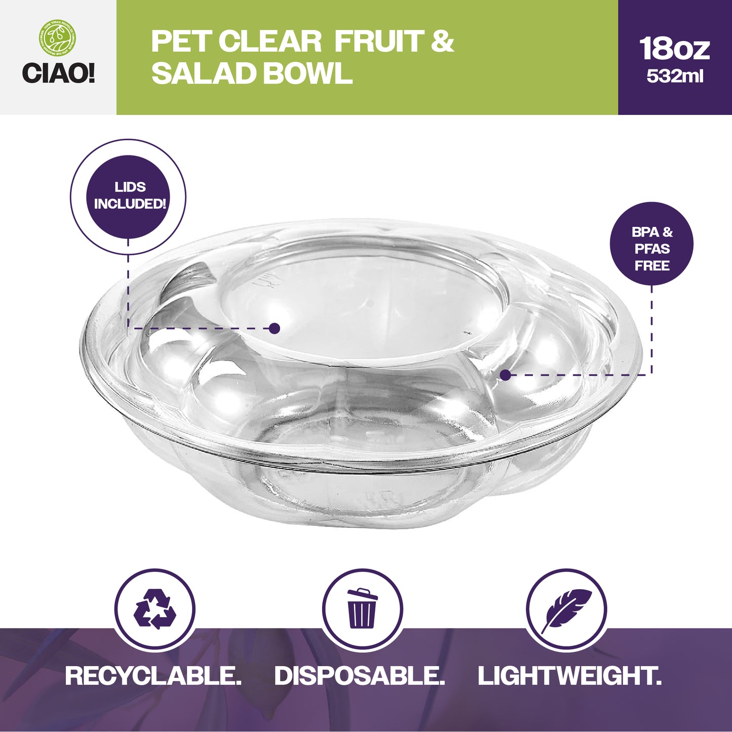 CIAO! 18 oz Clear PET Fruit and Salad Bowl with Rose Dome Lid (150/case)