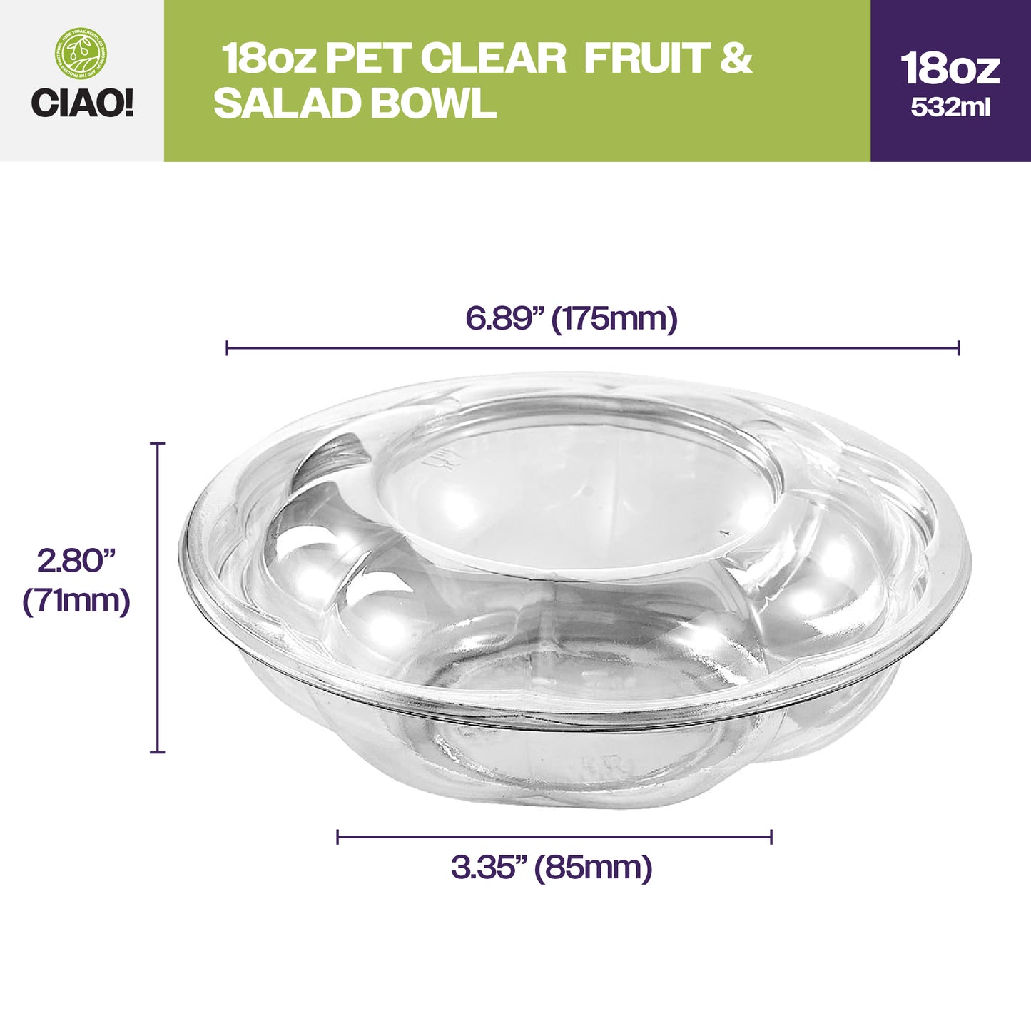 CIAO! 18 oz Clear PET Fruit and Salad Bowl with Rose Dome Lid (150/case)