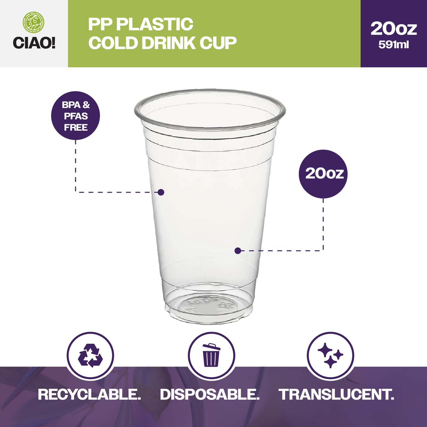 CIAO! 20OZ PP Plastic Cold Drink Cup, Great for Smoothies, Iced Coffee, Boba and Cold Drinks, 98mm (Case of 1,000)