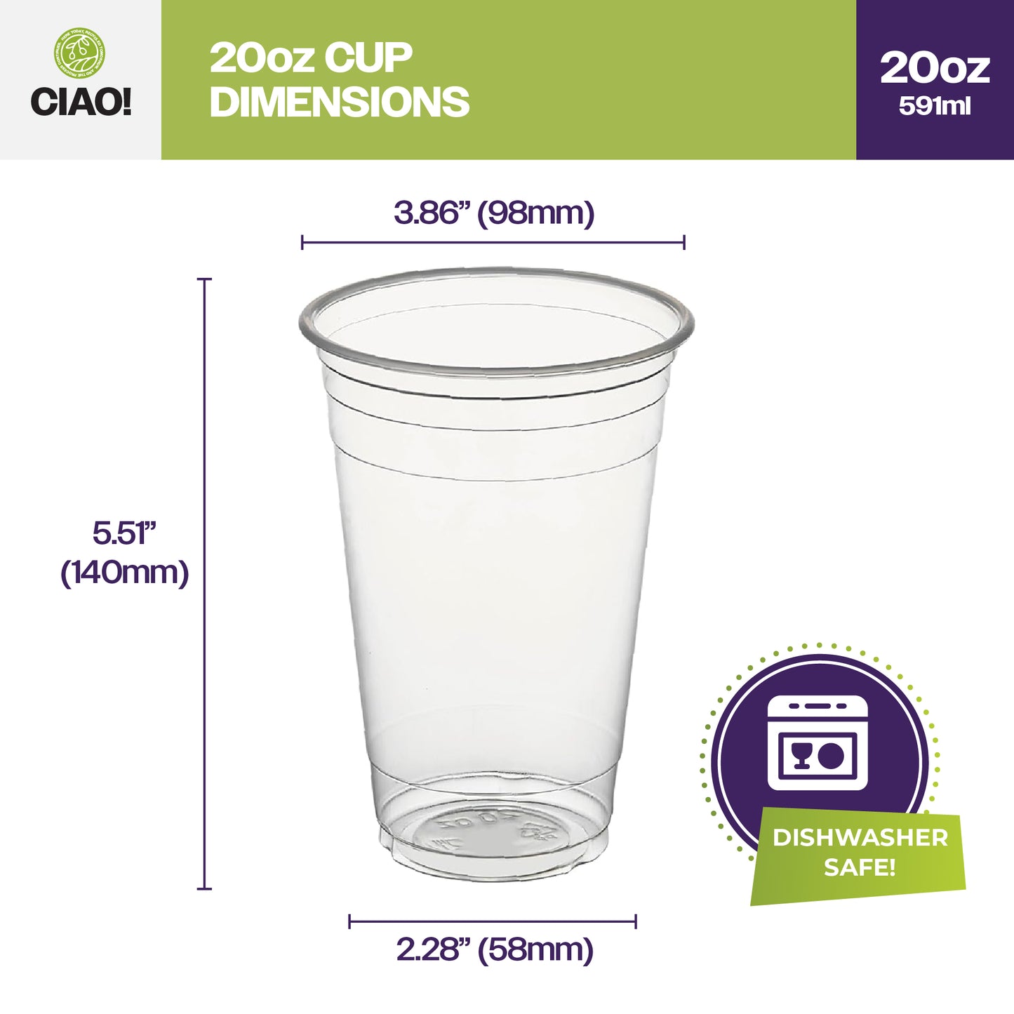 CIAO! 20OZ PP Plastic Cold Drink Cup, Great for Smoothies, Iced Coffee, Boba and Cold Drinks, 98mm (Case of 1,000)