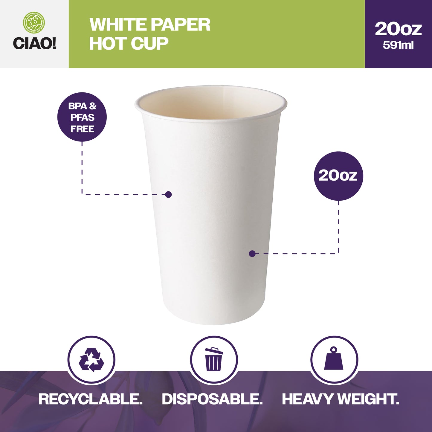 CIAO! Paper Hot Cup, 20 oz Disposable Cup, White, 600 Count