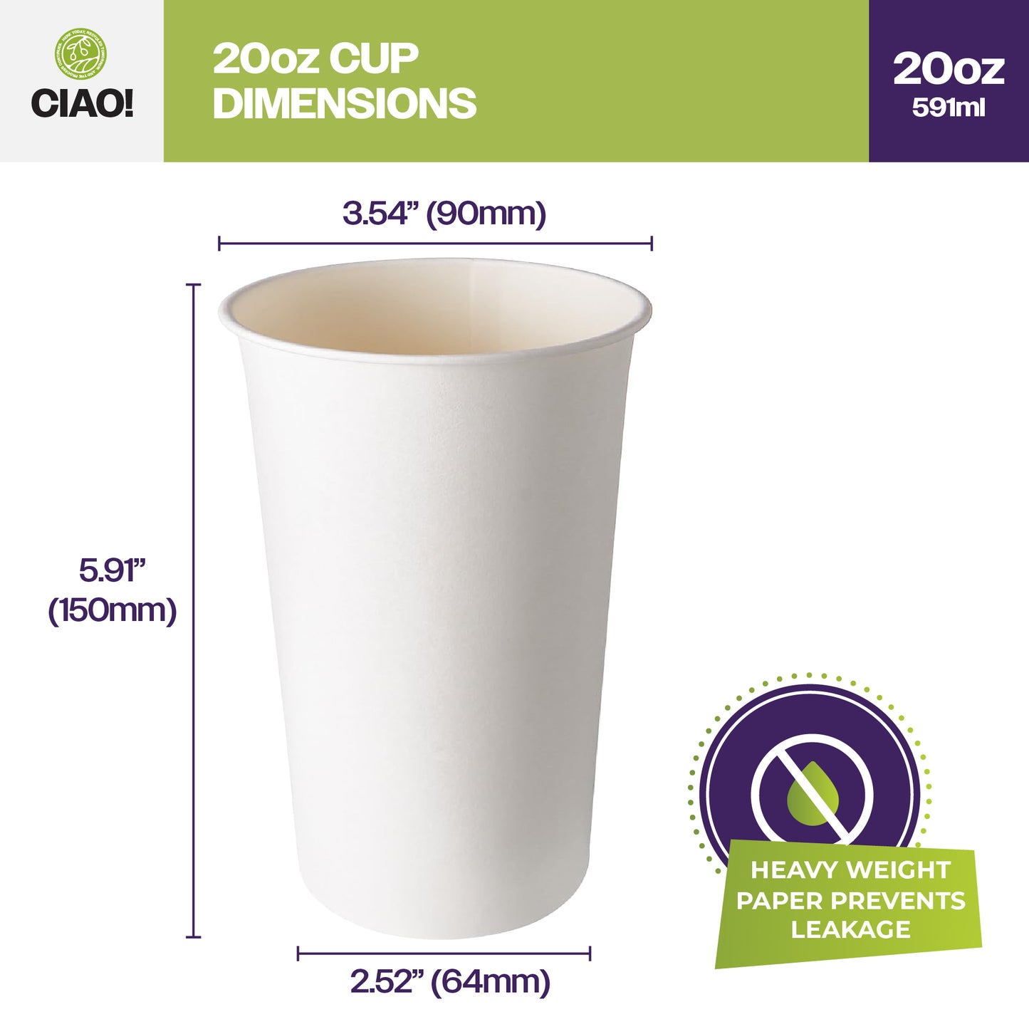 CIAO! Paper Hot Cup, 20 oz Disposable Cup, White, 600 Count