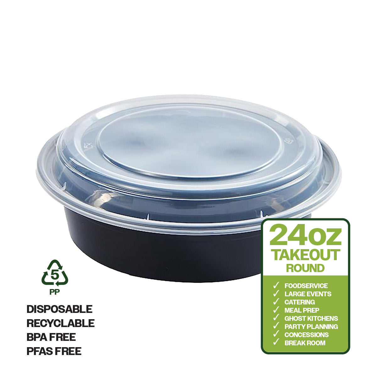 CIAO! 24oz Injection Molded Microwavable Black Round Food Container with Lid (150/case)