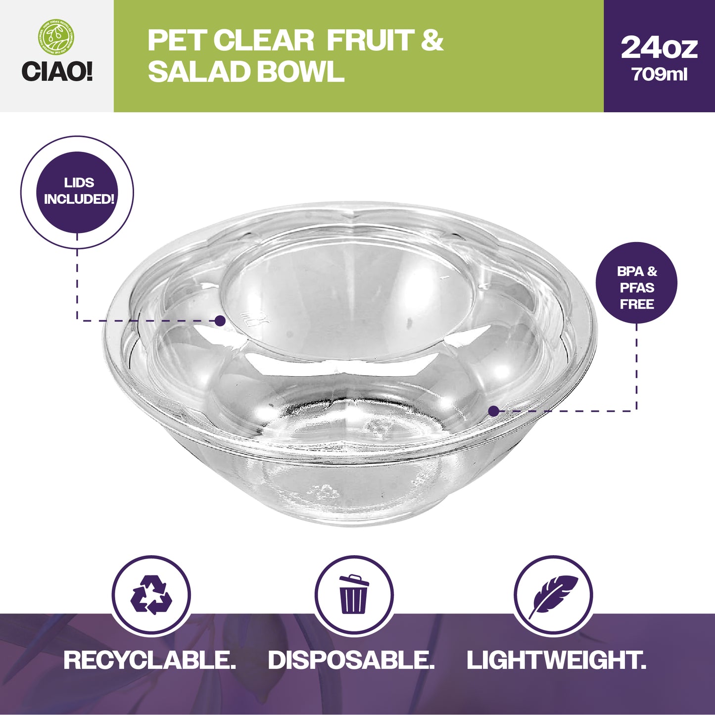 CIAO! 24 oz Clear PET Fruit and Salad Bowl with Rose Dome Lid (150/case)