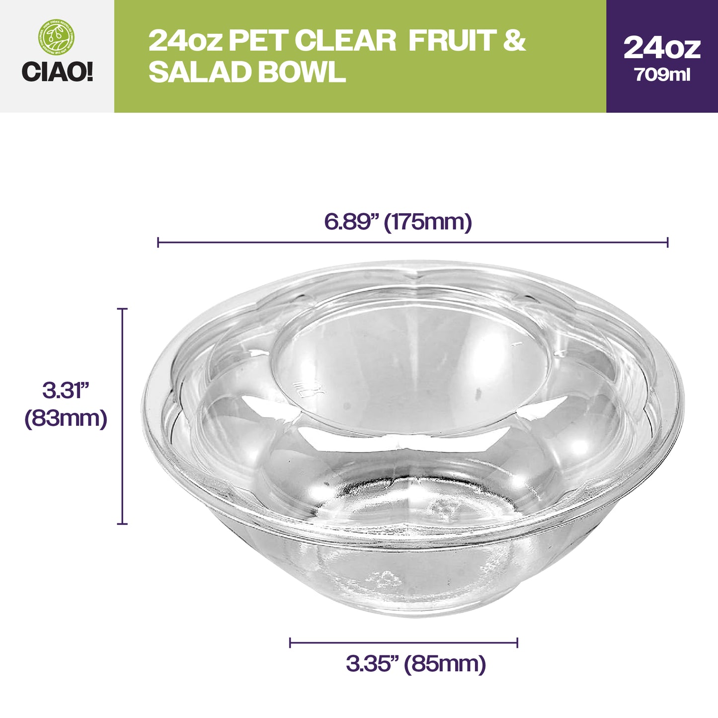 CIAO! 24 oz Clear PET Fruit and Salad Bowl with Rose Dome Lid (150/case)