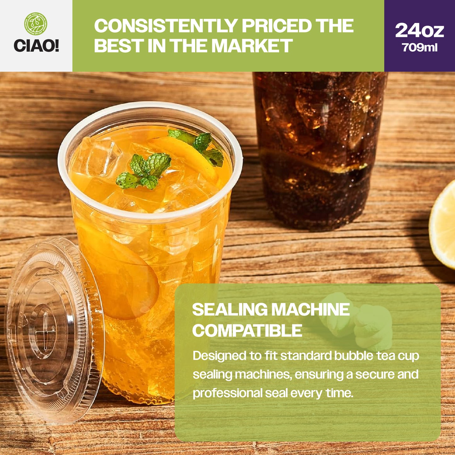 CIAO! 24OZ PP Plastic Cold Drink Cup, Great for Smoothies, Iced Coffee, Boba and Cold Drinks, 98mm (Case of 600)