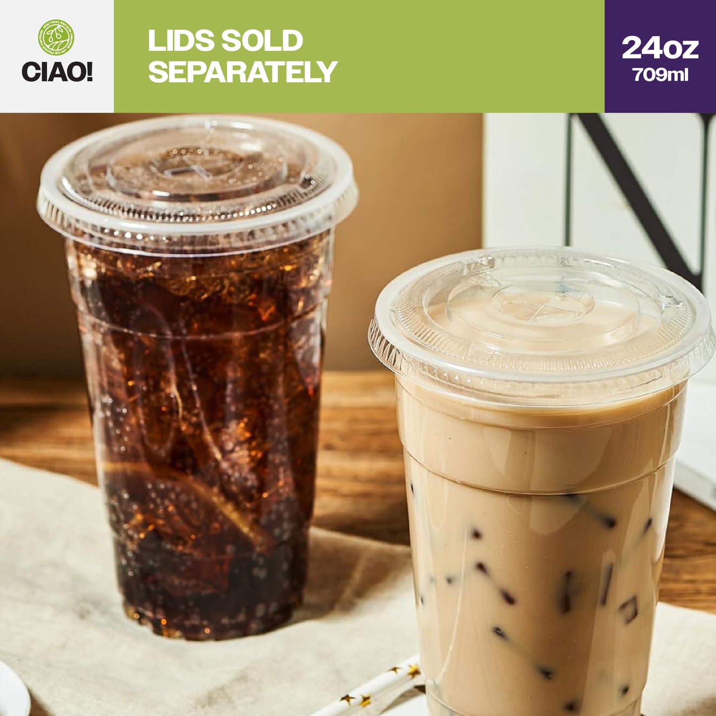 CIAO! 24OZ PP Plastic Cold Drink Cup, Great for Smoothies, Iced Coffee, Boba and Cold Drinks, 98mm (Case of 600)