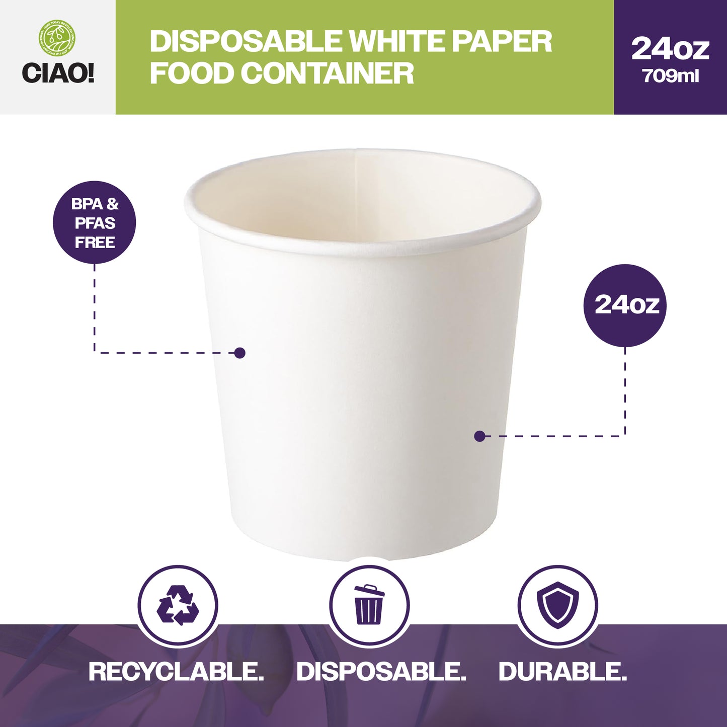 CIAO! 24OZ Disposable White Paper Food Container (500/case)