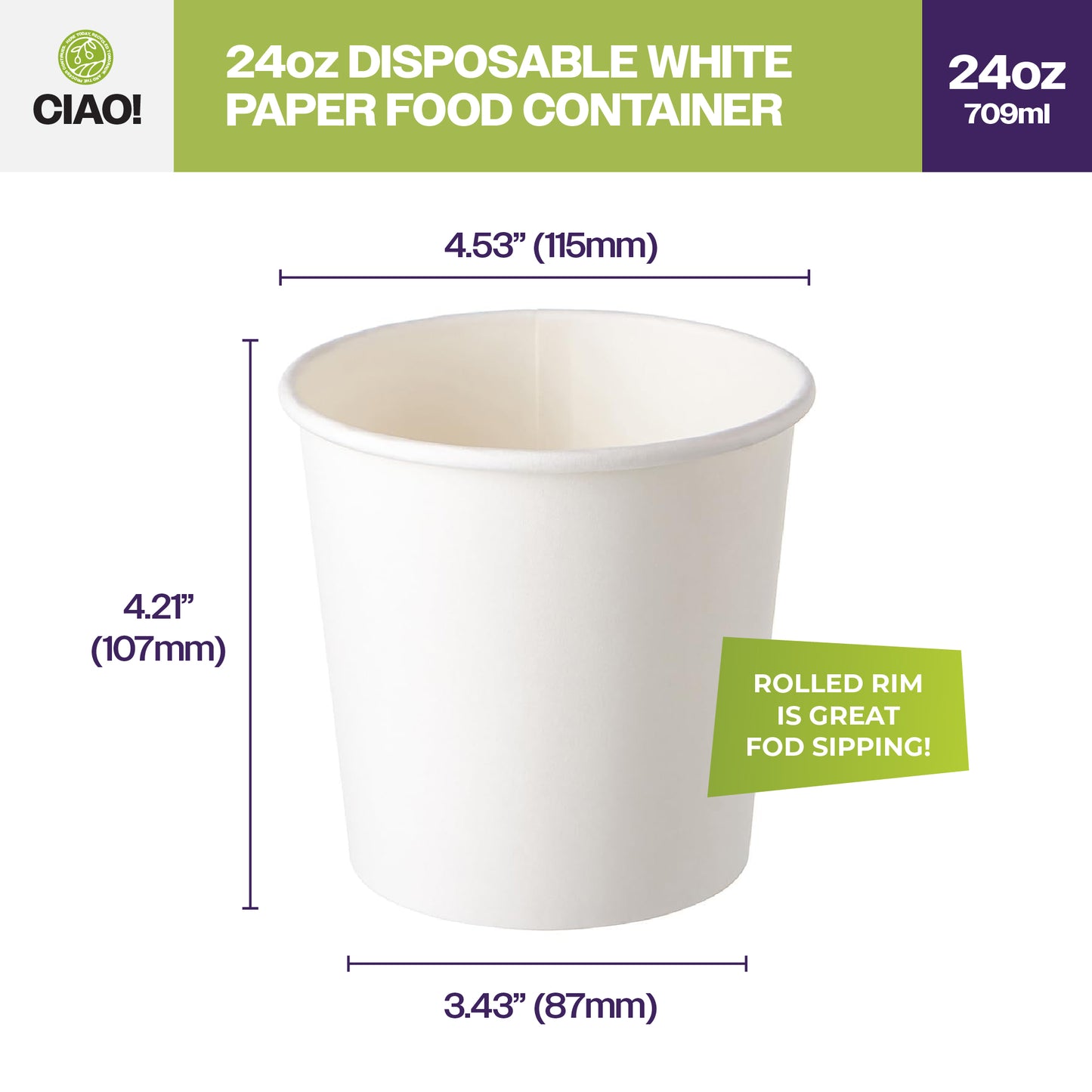 CIAO! 24OZ Disposable White Paper Food Container (500/case)