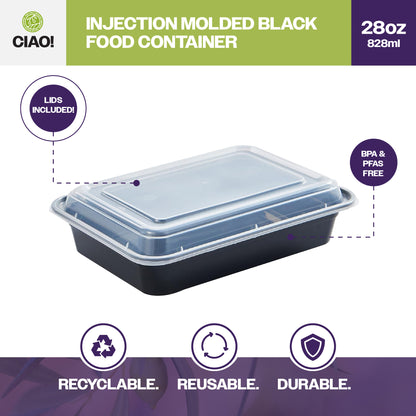 CIAO! 28 oz Injection Molded Microwavable Black Rectangular Food Container with Lid (150/case)