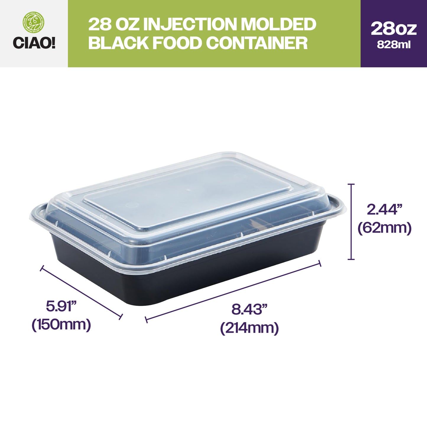 CIAO! 28 oz Injection Molded Microwavable Black Rectangular Food Container with Lid (150/case)