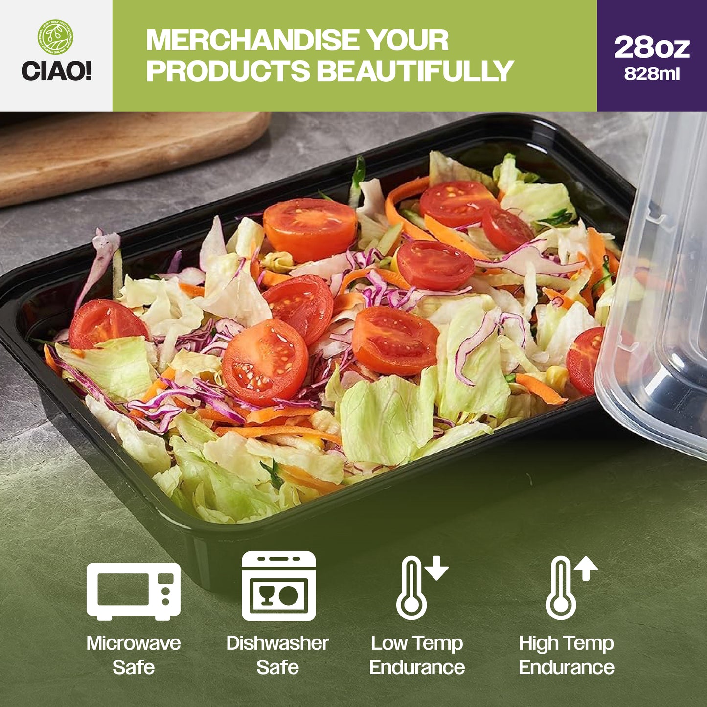 CIAO! 28 oz Injection Molded Microwavable Black Rectangular Food Container with Lid (150/case)