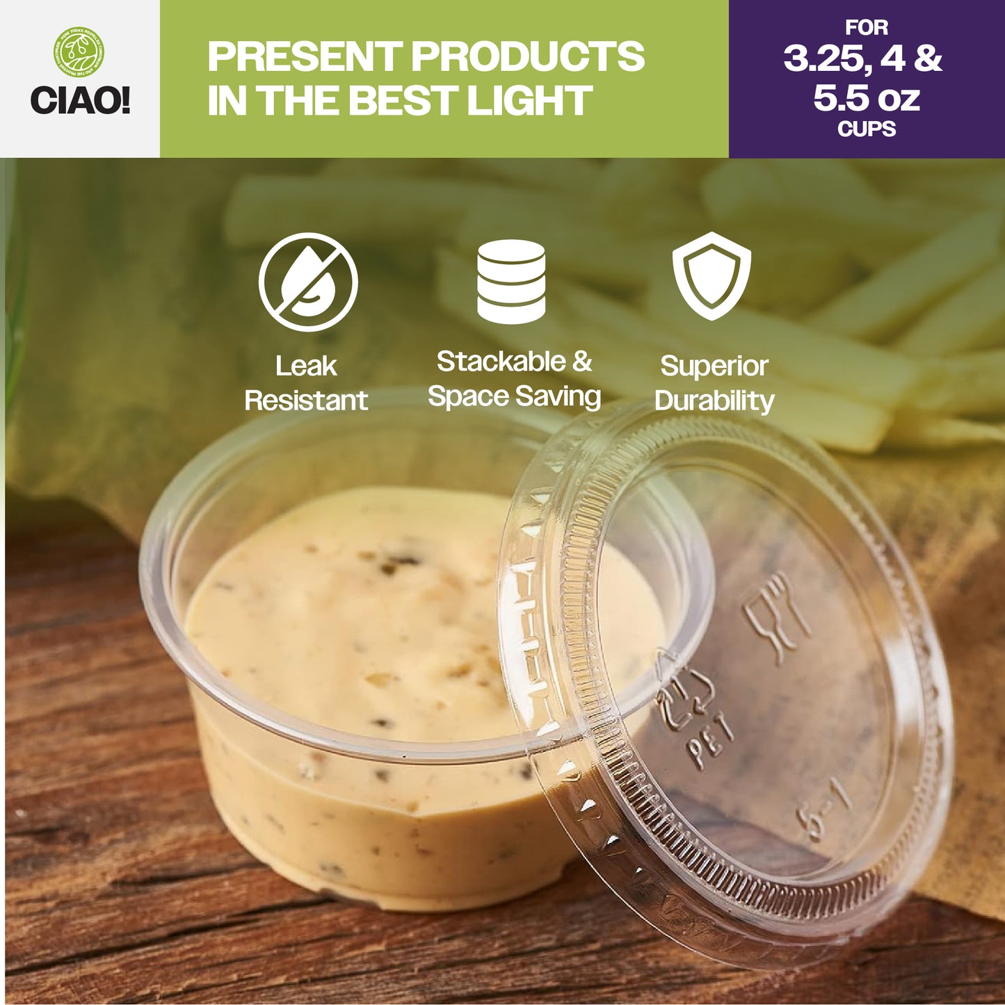 CIAO! Clear PET Lid FOR 3.25, 4 and 5.5OZ Portion Cups (Case of 2,500)