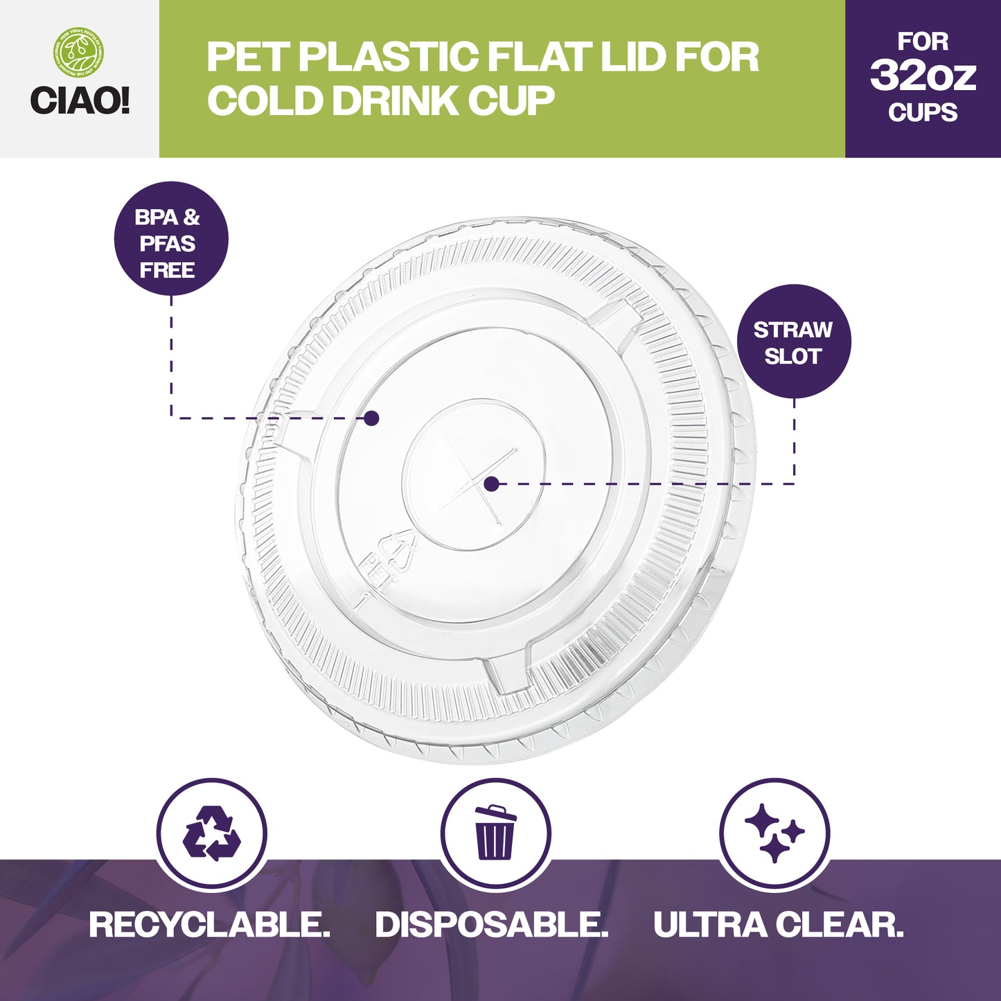 CIAO! 107mm Diameter Ultra Clear PET Flat Lid with Straw Slot - Fits CIAO! Brand 32 oz PET Cups Cups Only (Case of 300)