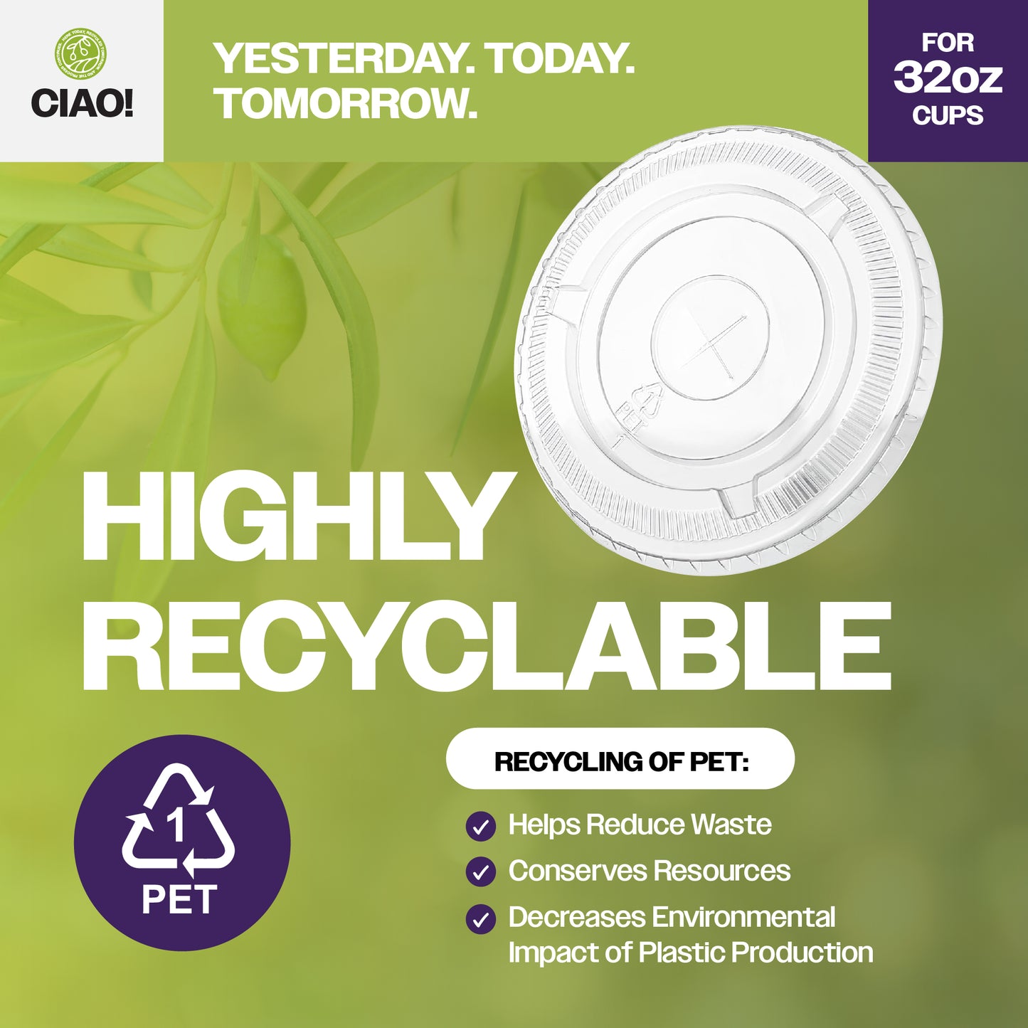 CIAO! 107mm Diameter Ultra Clear PET Flat Lid with Straw Slot - Fits CIAO! Brand 32 oz PET Cups Cups Only (Case of 300)