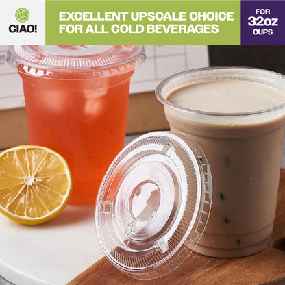 CIAO! 107mm Diameter Ultra Clear PET Flat Lid with Straw Slot - Fits CIAO! Brand 32 oz PET Cups Cups Only (Case of 300)