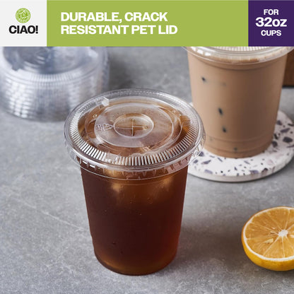 CIAO! 107mm Diameter Ultra Clear PET Flat Lid with Straw Slot - Fits CIAO! Brand 32 oz PET Cups Cups Only (Case of 300)