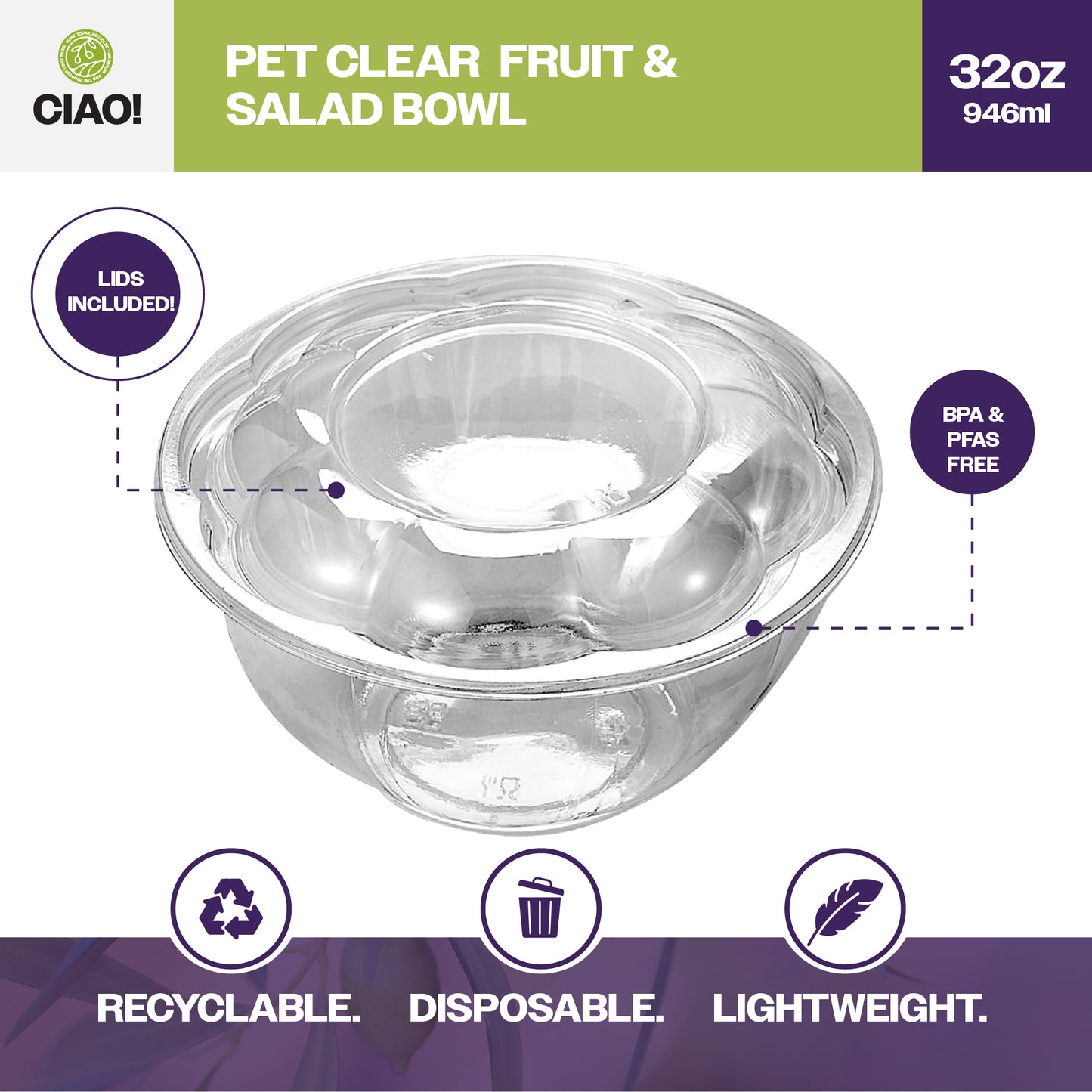 CIAO! 32 oz Clear PET Fruit and Salad Bowl with Rose Dome Lid (150/case)