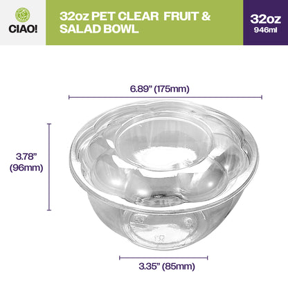 CIAO! 32 oz Clear PET Fruit and Salad Bowl with Rose Dome Lid (150/case)