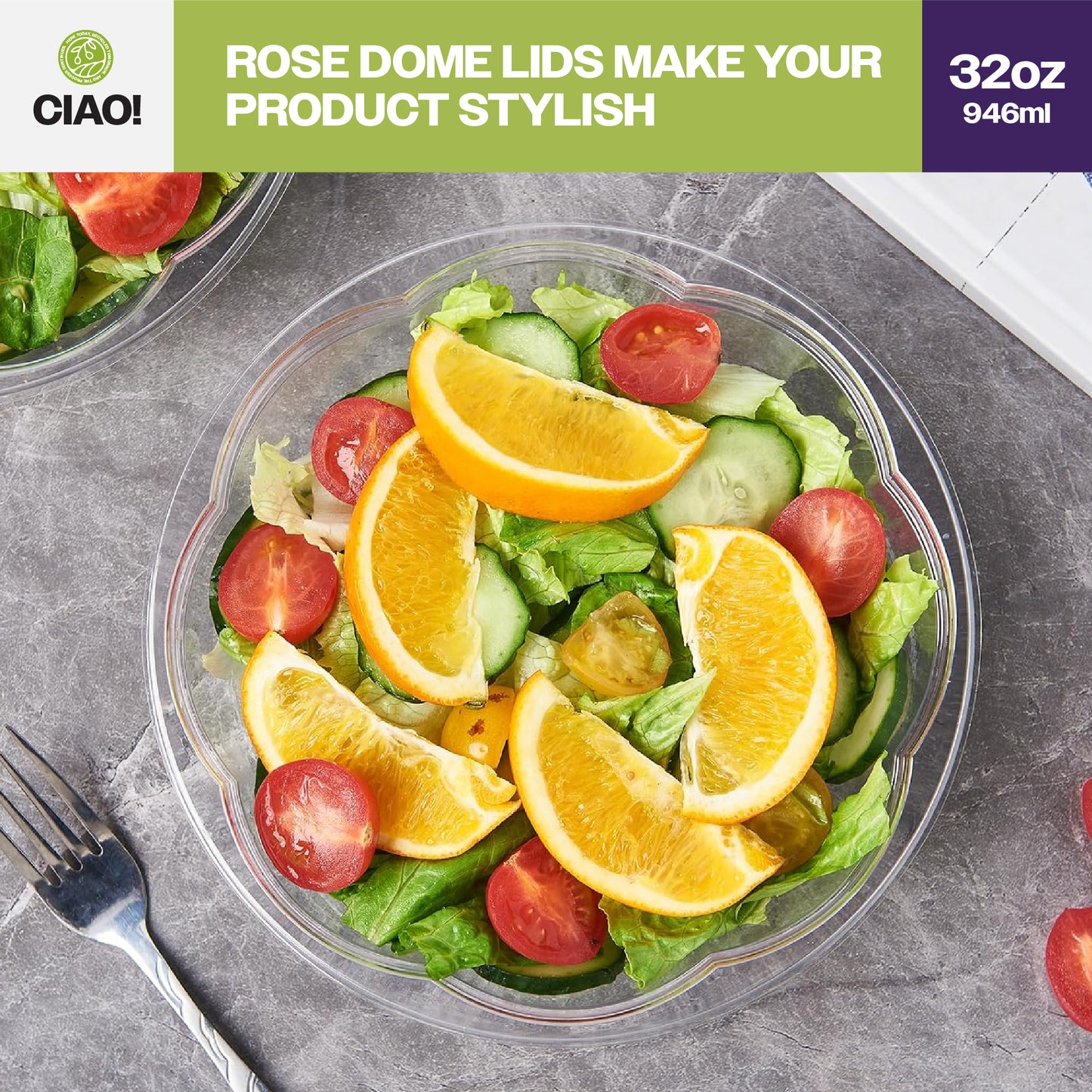 CIAO! 32 oz Clear PET Fruit and Salad Bowl with Rose Dome Lid (150/case)