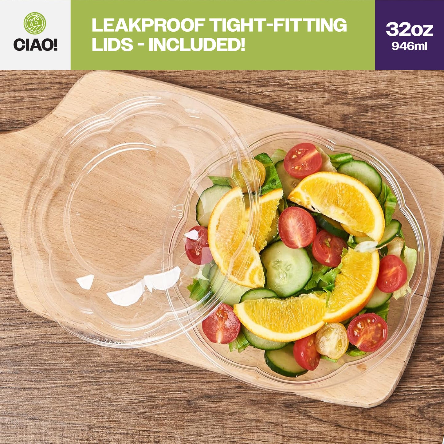 CIAO! 32 oz Clear PET Fruit and Salad Bowl with Rose Dome Lid (150/case)