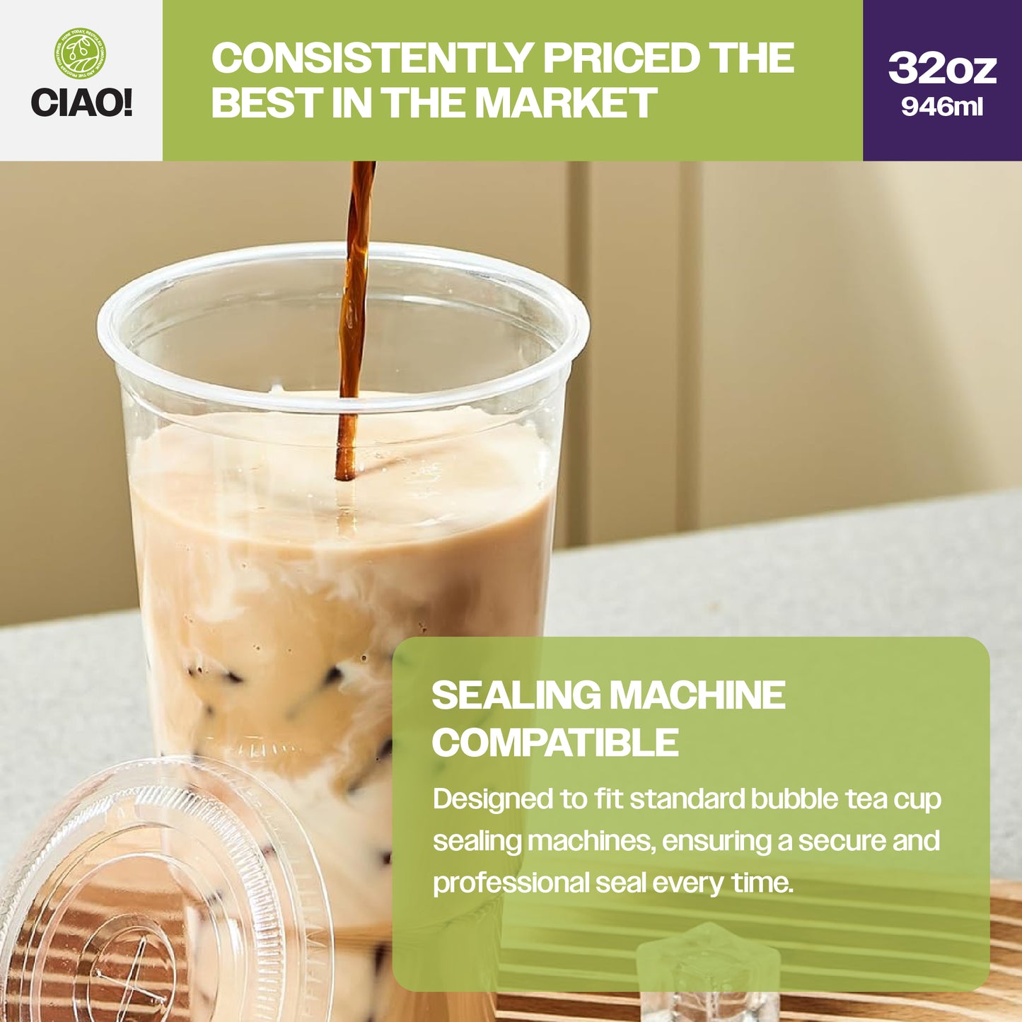 CIAO! 32OZ PP Plastic Cold Drink Cup, Great for Smoothies, Iced Coffee, Boba and Cold Drinks, 105mm (Case of 500)