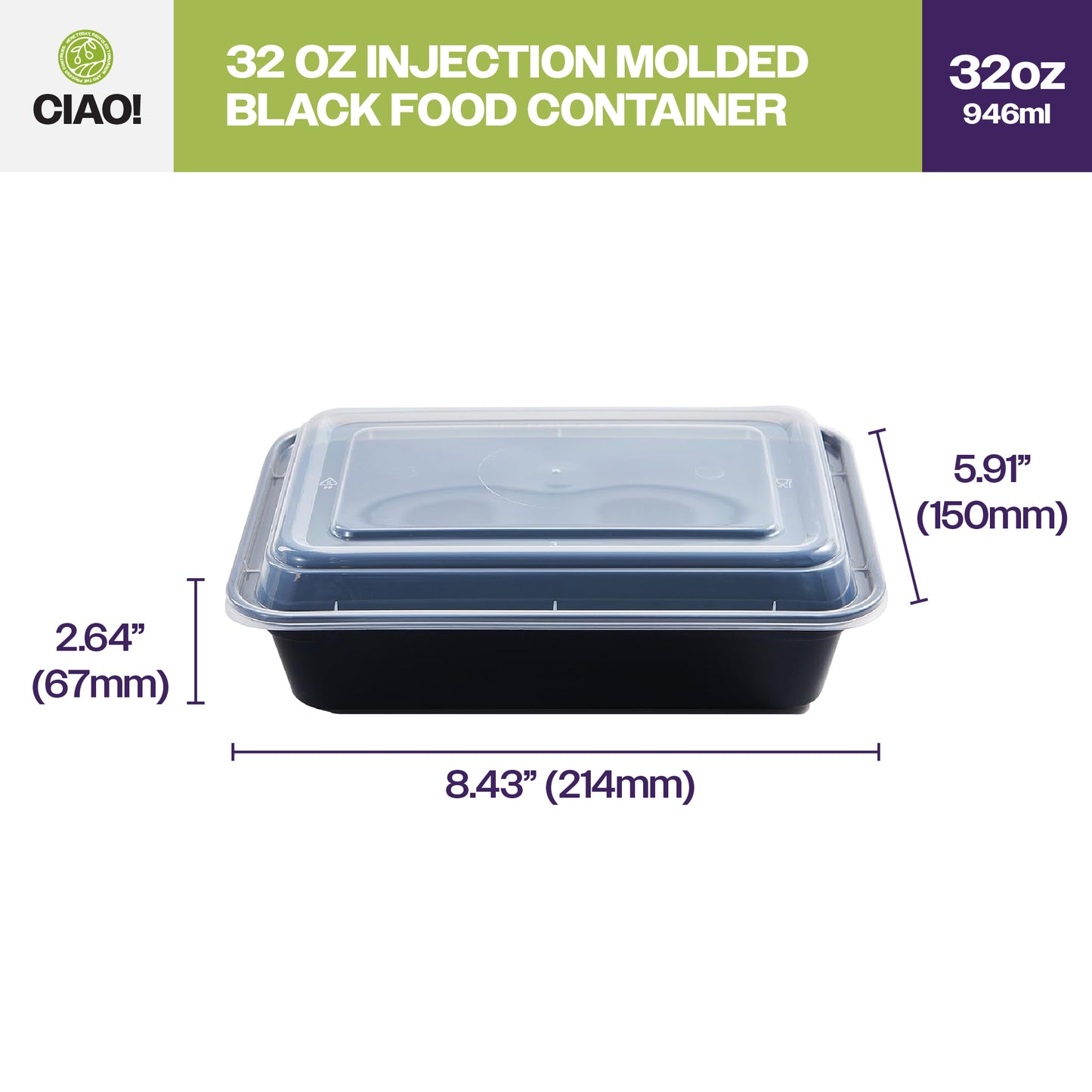 CIAO! 32oz Injection Molded Microwavable Black Rectangular Food Container with Lid (150/case)