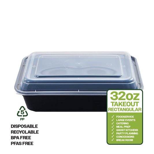 CIAO! 32oz Injection Molded Microwavable Black Rectangular Food Container with Lid (150/case)