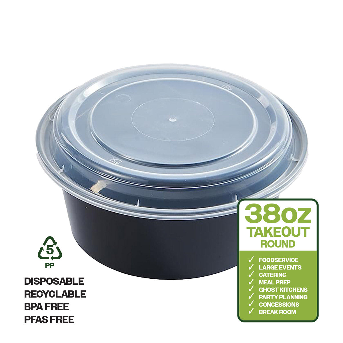 CIAO! 38oz Injection Molded Microwavable Black Round Food Container wi ...
