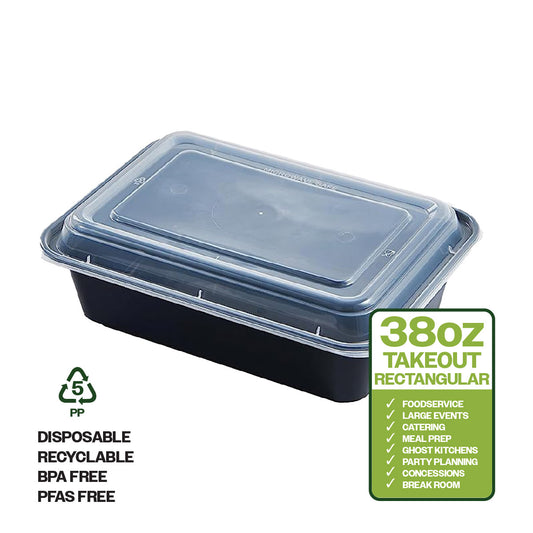 CIAO! 38oz Injection Molded Microwavable Black Rectangular Food Container with Lid (150/case)