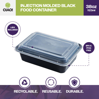 CIAO! 38oz Injection Molded Microwavable Black Rectangular Food Container with Lid (150/case)