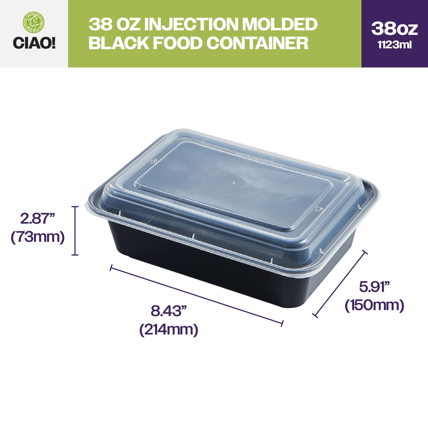 CIAO! 38oz Injection Molded Microwavable Black Rectangular Food Container with Lid (150/case)