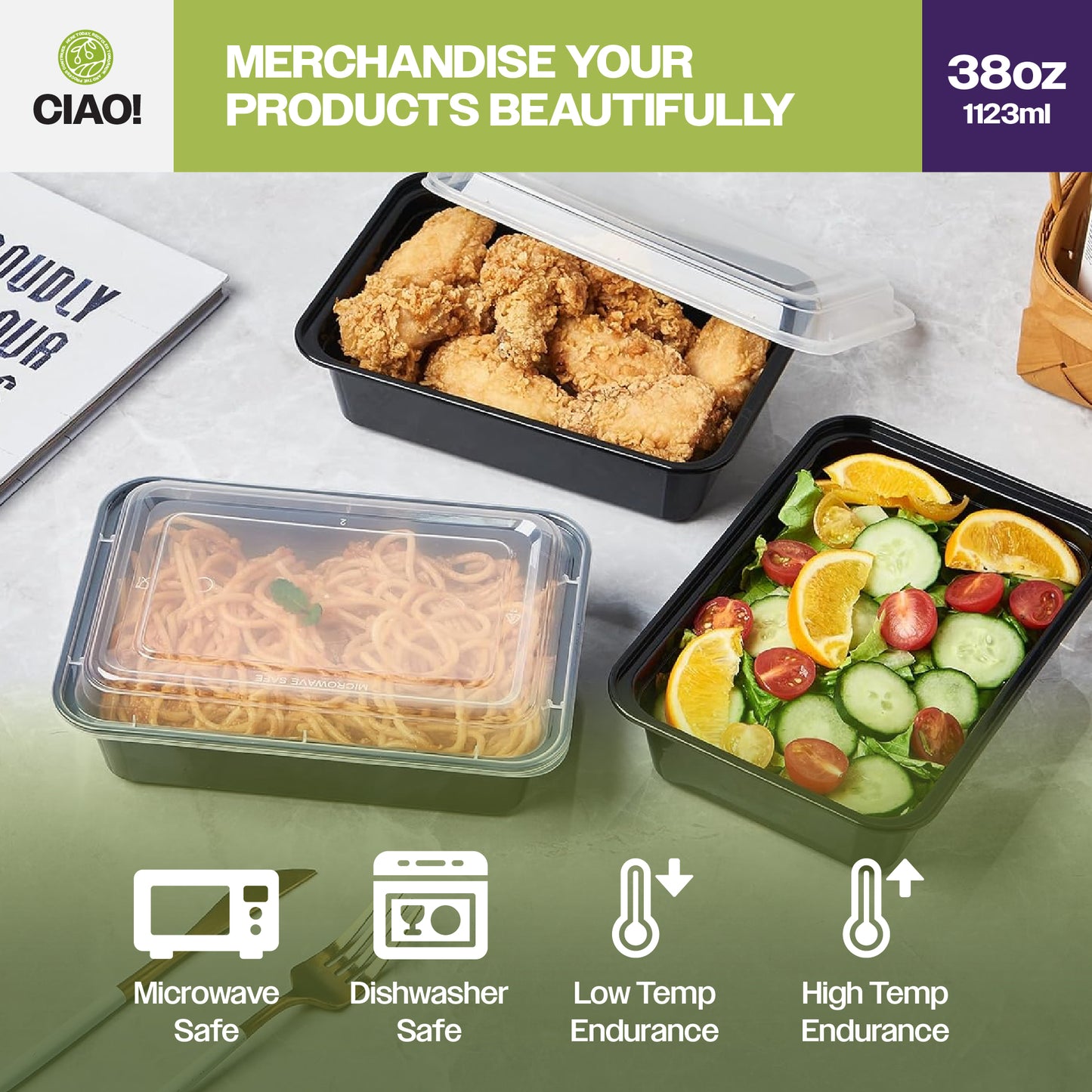 CIAO! 38oz Injection Molded Microwavable Black Rectangular Food Container with Lid (150/case)