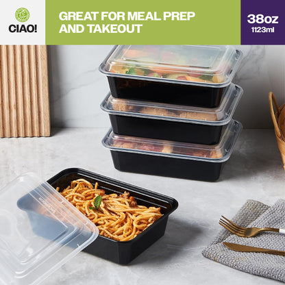 CIAO! 38oz Injection Molded Microwavable Black Rectangular Food Container with Lid (150/case)