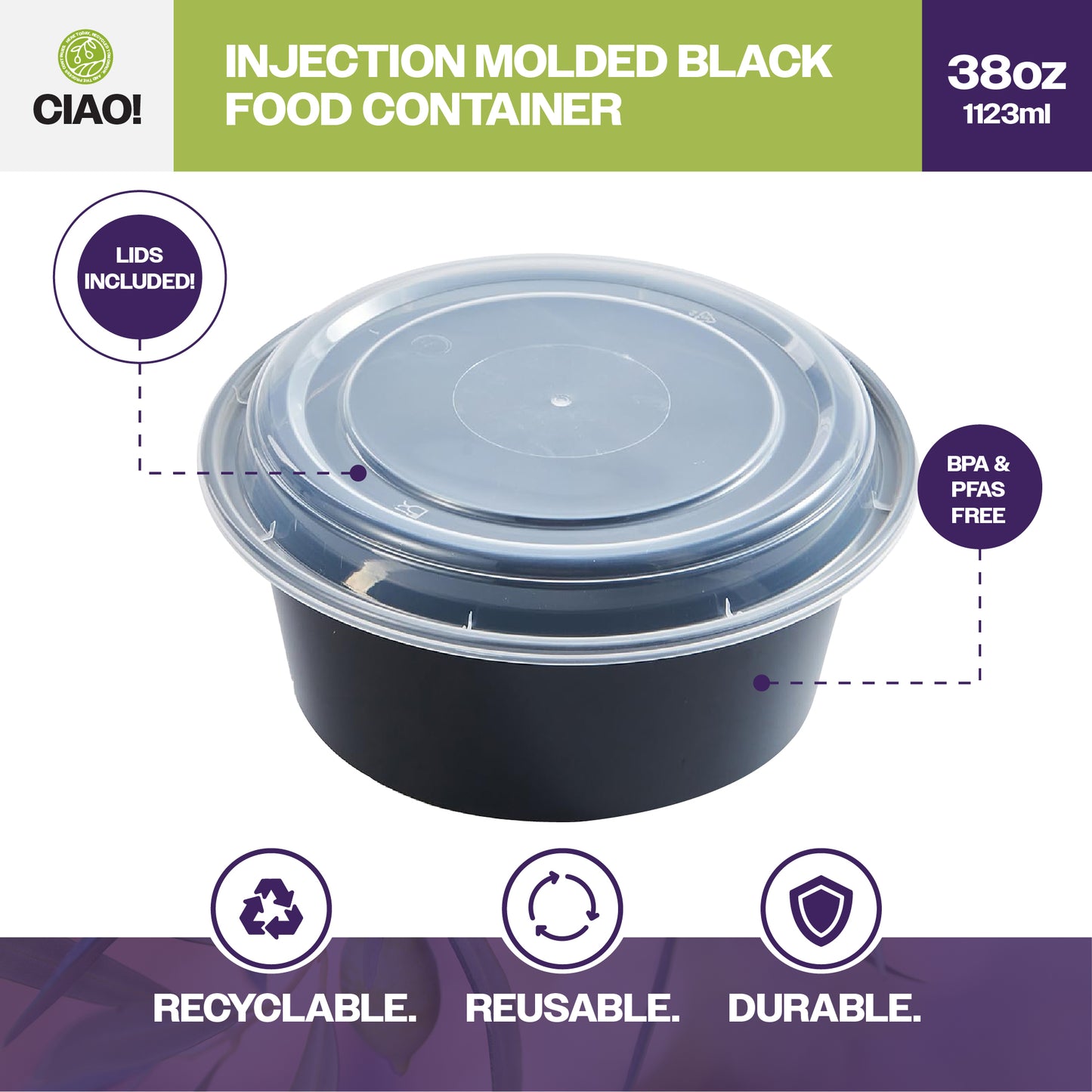 CIAO! 38oz Injection Molded Microwavable Black Round Food Container with Lid (150/case)