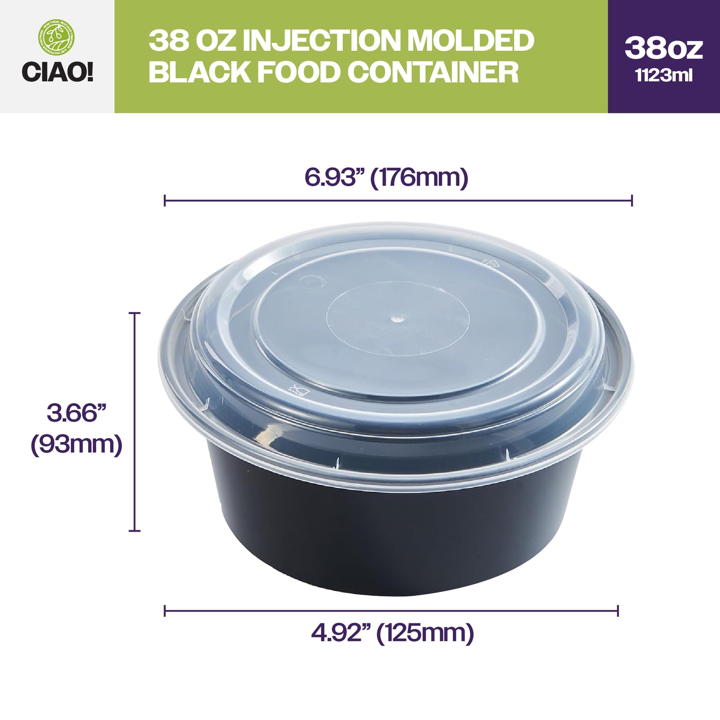 CIAO! 38oz Injection Molded Microwavable Black Round Food Container with Lid (150/case)