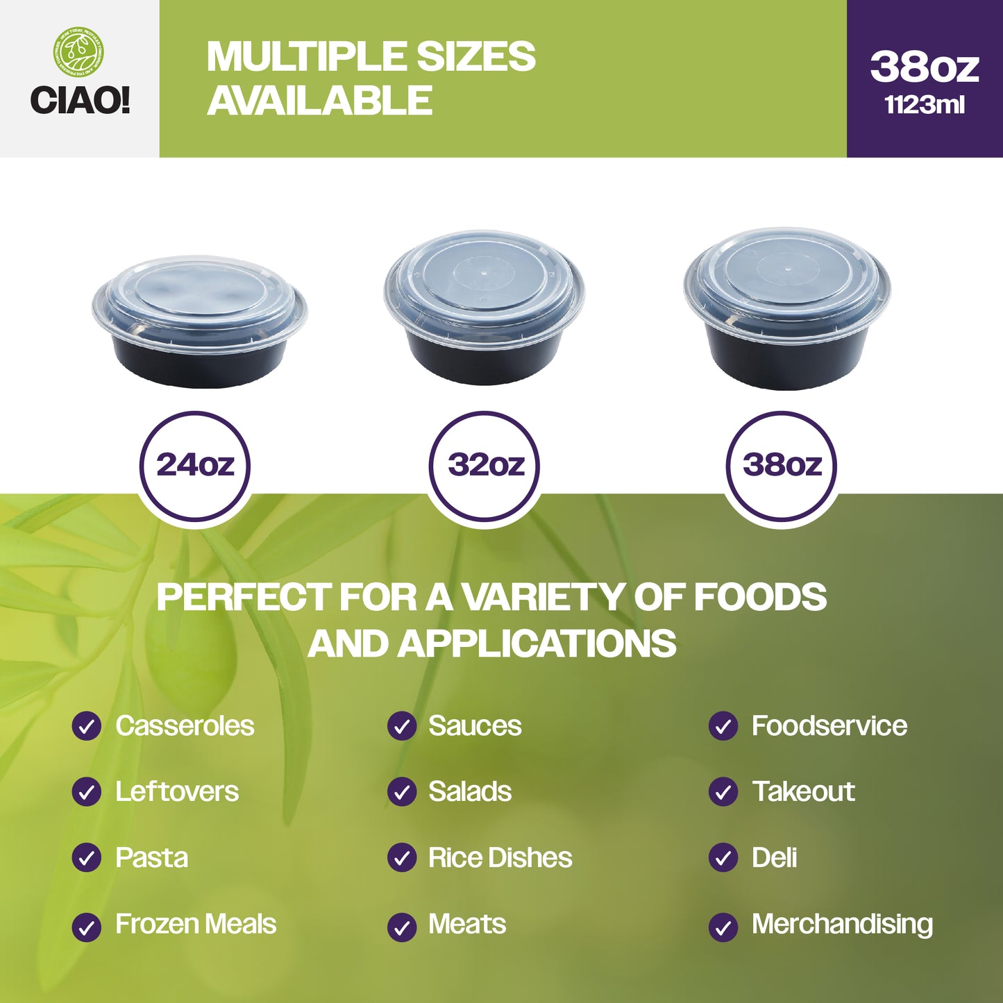 CIAO! 38oz Injection Molded Microwavable Black Round Food Container with Lid (150/case)