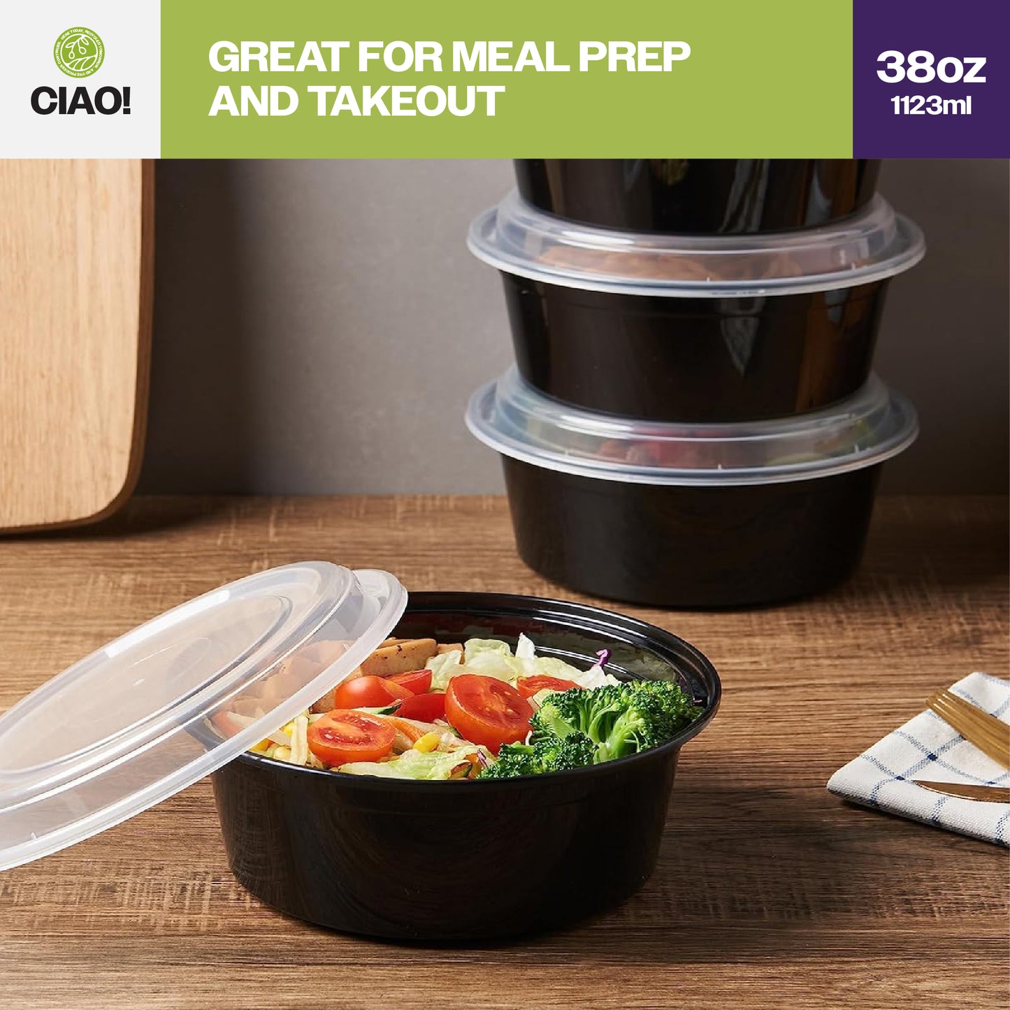 CIAO! 38oz Injection Molded Microwavable Black Round Food Container with Lid (150/case)