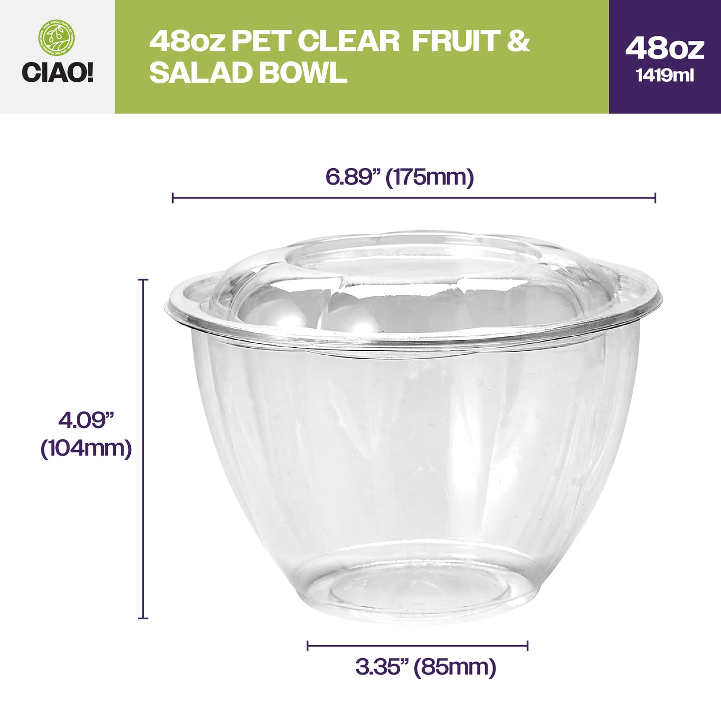 CIAO! 48 oz Clear PET Fruit and Salad Bowl with Rose Dome Lid (150/case)