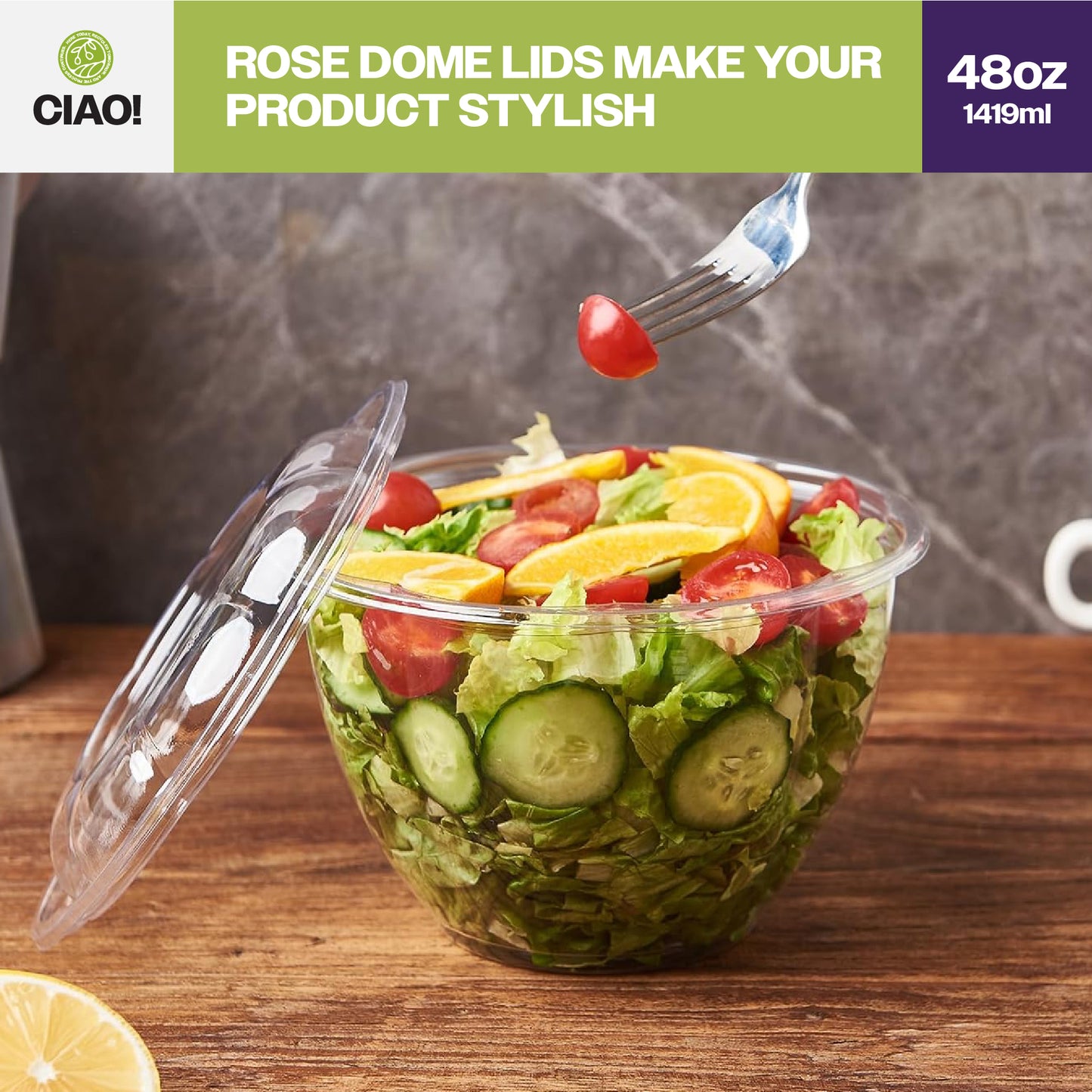 CIAO! 48 oz Clear PET Fruit and Salad Bowl with Rose Dome Lid (150/case)